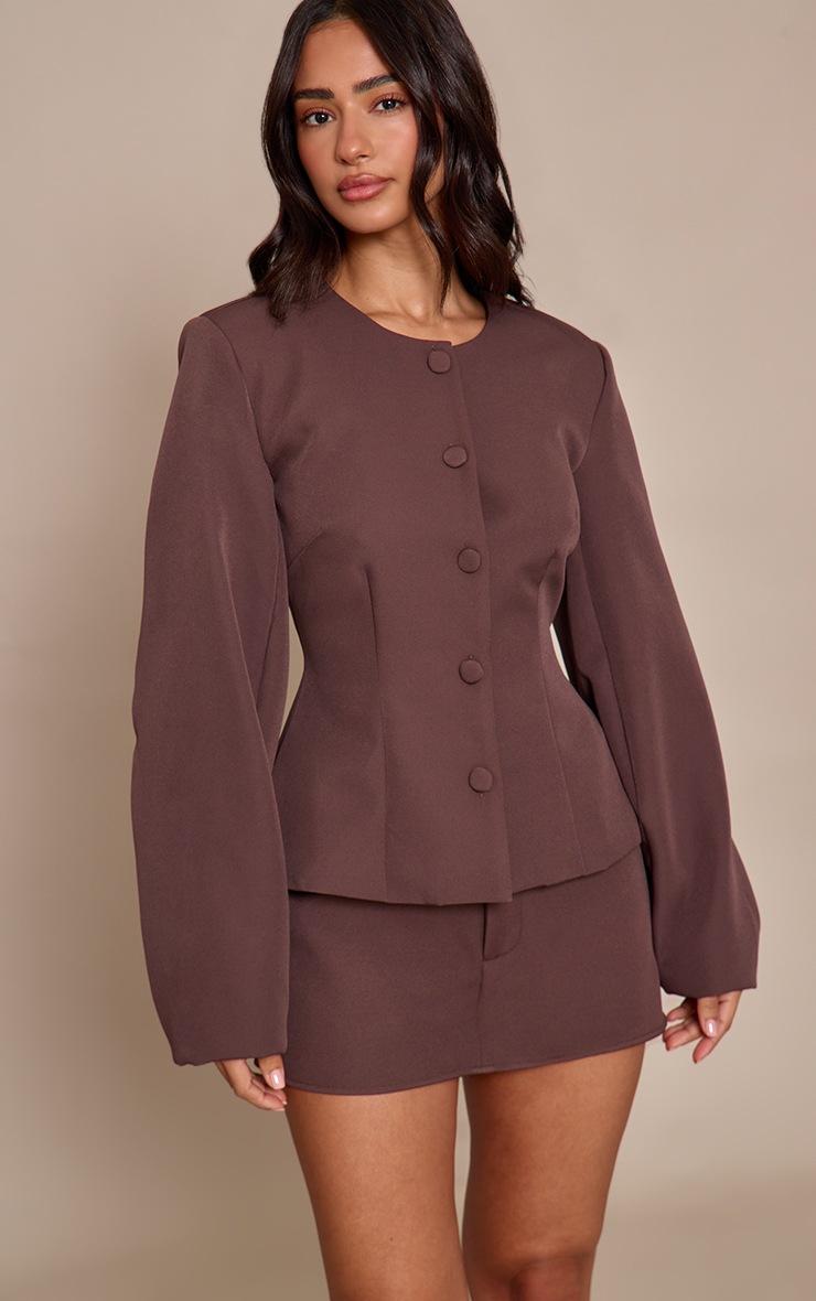 Pretty Little Thing Petite Chocolate Woven Cinched Waist Cocoon Sleeve Button Up Blazer