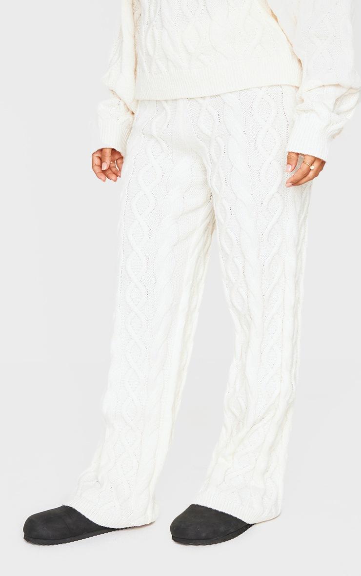 Pretty Little Thing Petite Cream Cable Knit Wide Leg Pants
