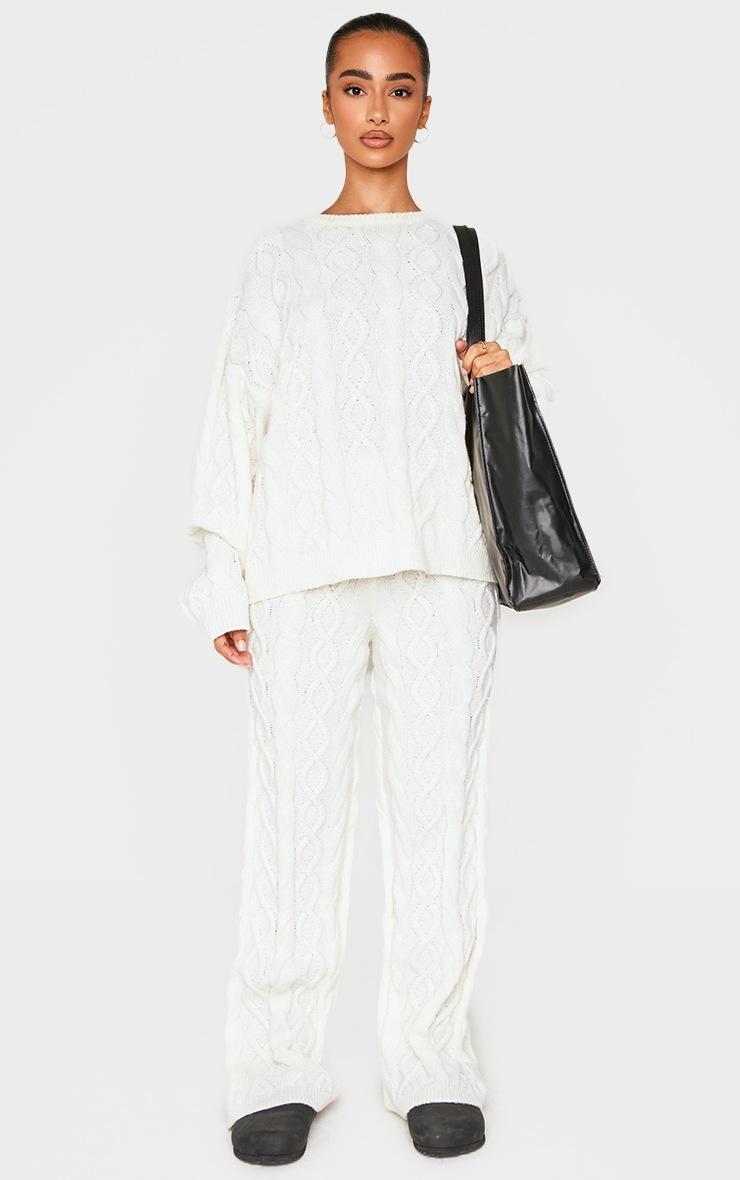 Pretty Little Thing Petite Cream Cable Knit Wide Leg Pants