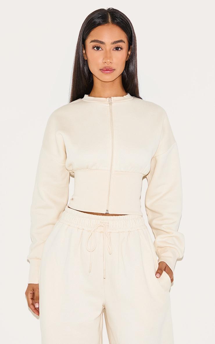 Pretty Little Thing Petite Cream Elasticated Hem Zip Up Sweatshirt