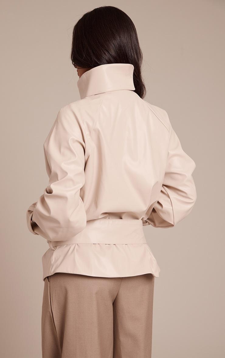 Pretty Little Thing Petite Cream Faux Leather Belted Funnel Neck Coat