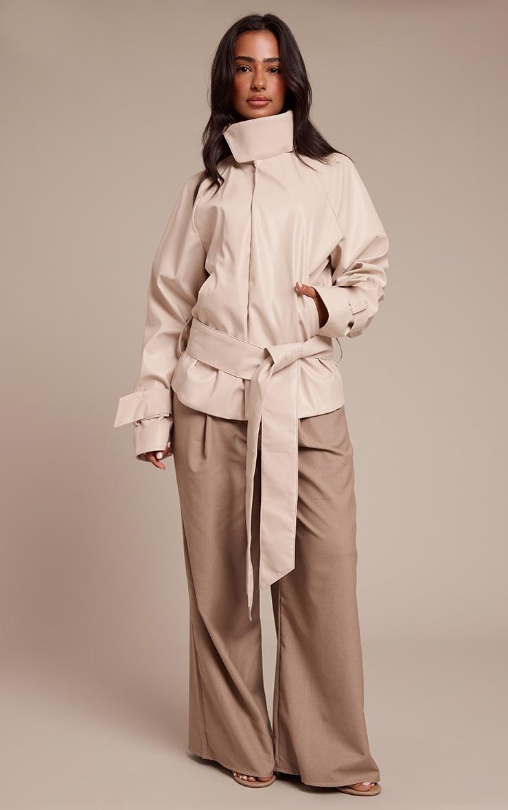 Pretty Little Thing Petite Cream Faux Leather Belted Funnel Neck Coat