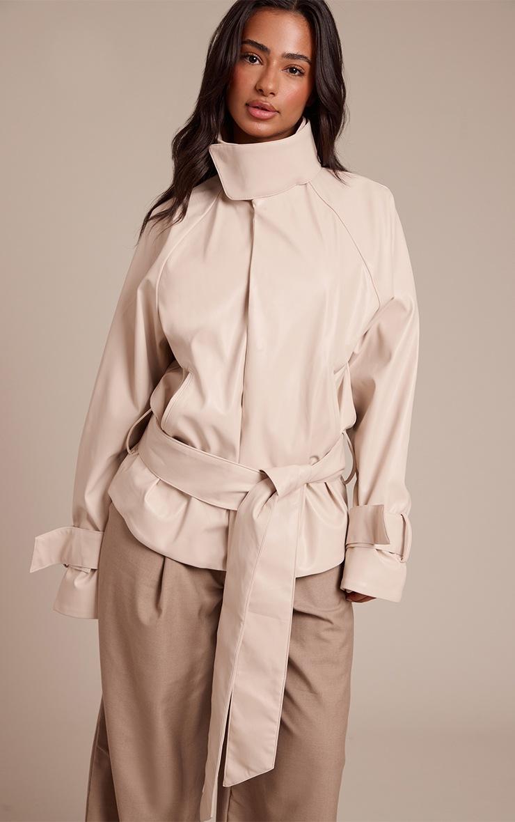 Pretty Little Thing Petite Cream Faux Leather Belted Funnel Neck Coat