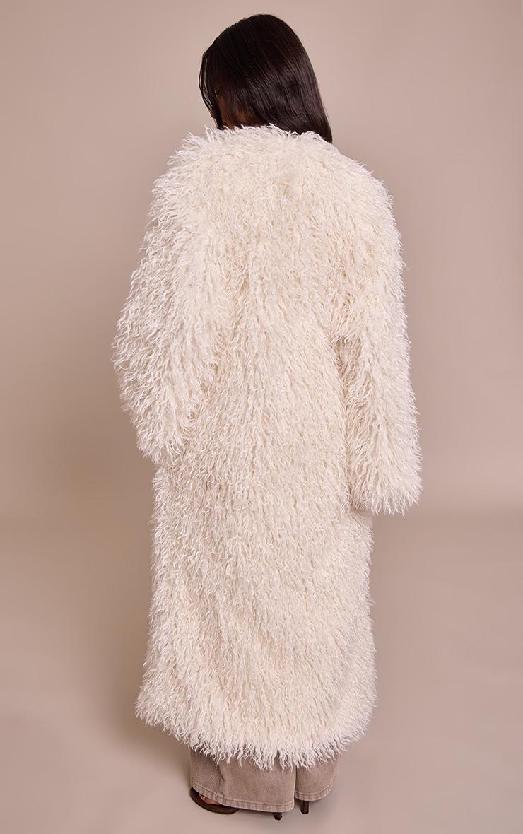 Pretty Little Thing Petite Cream Faux Mongolian Fur Collarless Maxi Coat