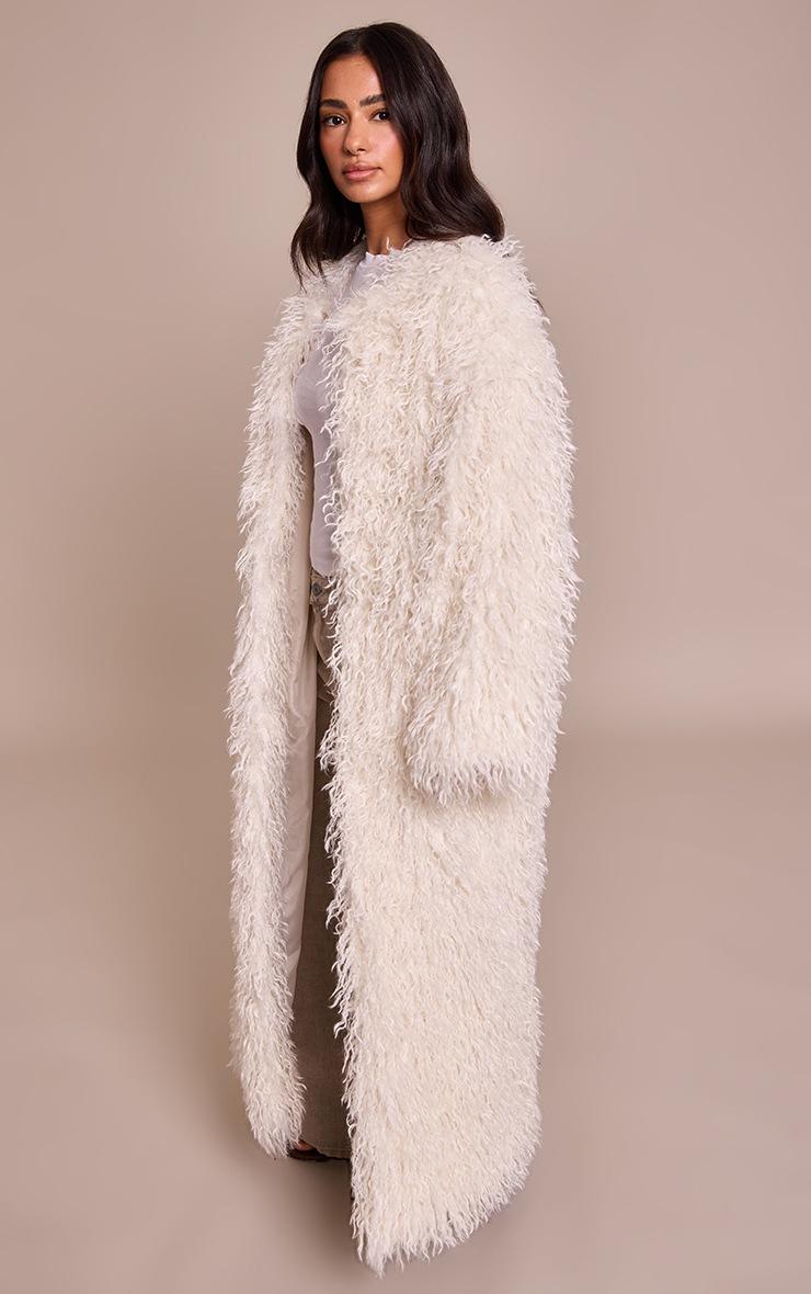 Pretty Little Thing Petite Cream Faux Mongolian Fur Collarless Maxi Coat
