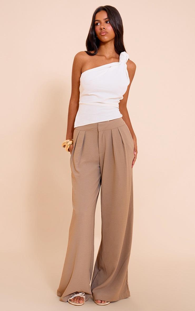 Pretty Little Thing Petite Cream Floaty Woven One Shoulder Knot Detail Top