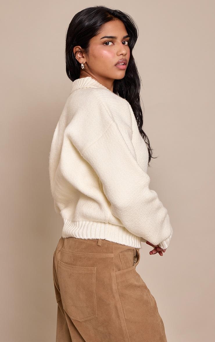 Pretty Little Thing Petite Cream Knitted Zip Up Bomber Jacket