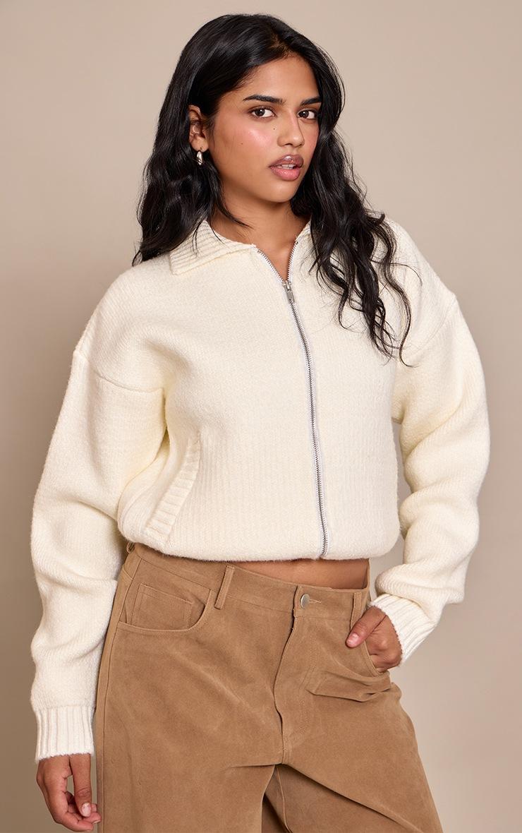 Pretty Little Thing Petite Cream Knitted Zip Up Bomber Jacket