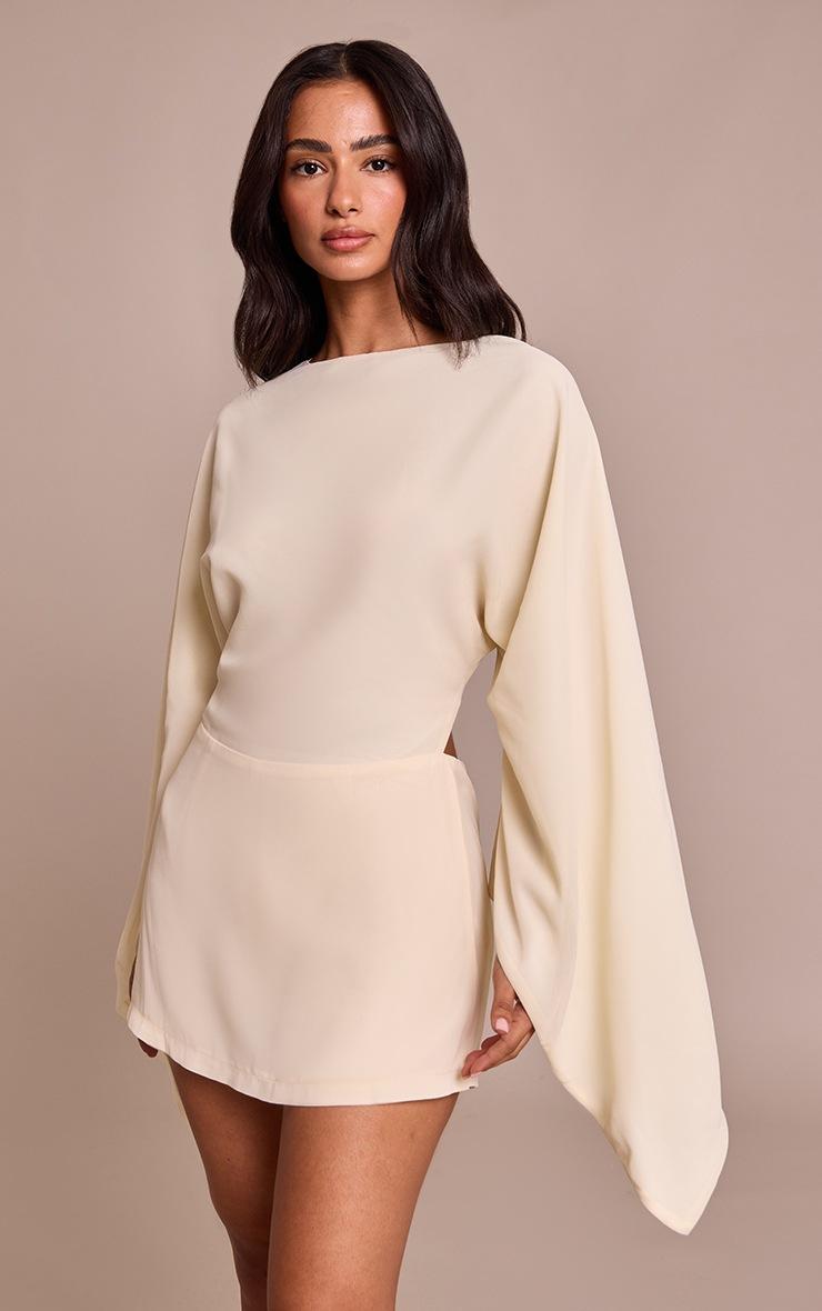 Pretty Little Thing Petite Cream Open Back Floaty Tie Back Romper