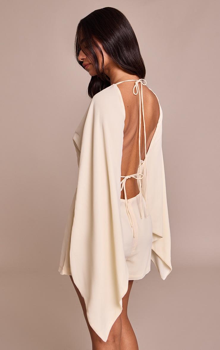 Pretty Little Thing Petite Cream Open Back Floaty Tie Back Romper