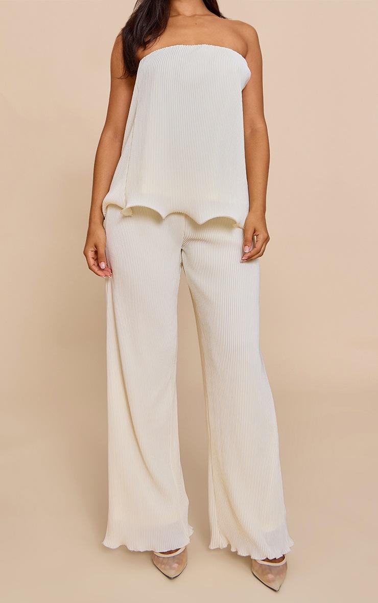 Pretty Little Thing Petite Cream Plisse Frill Edge Wide Leg Pants