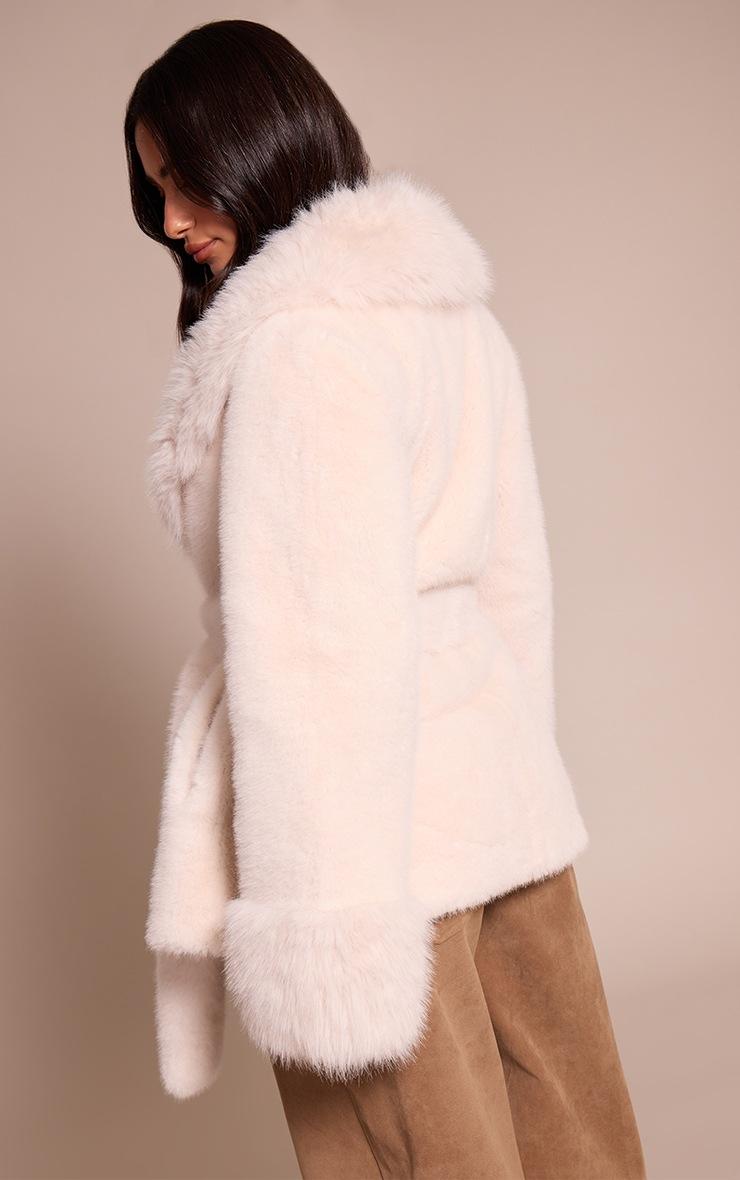 Pretty Little Thing Petite Cream Plush Faux Fur Self Tie Coat