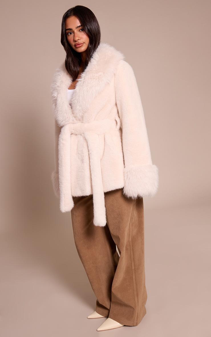 Pretty Little Thing Petite Cream Plush Faux Fur Self Tie Coat