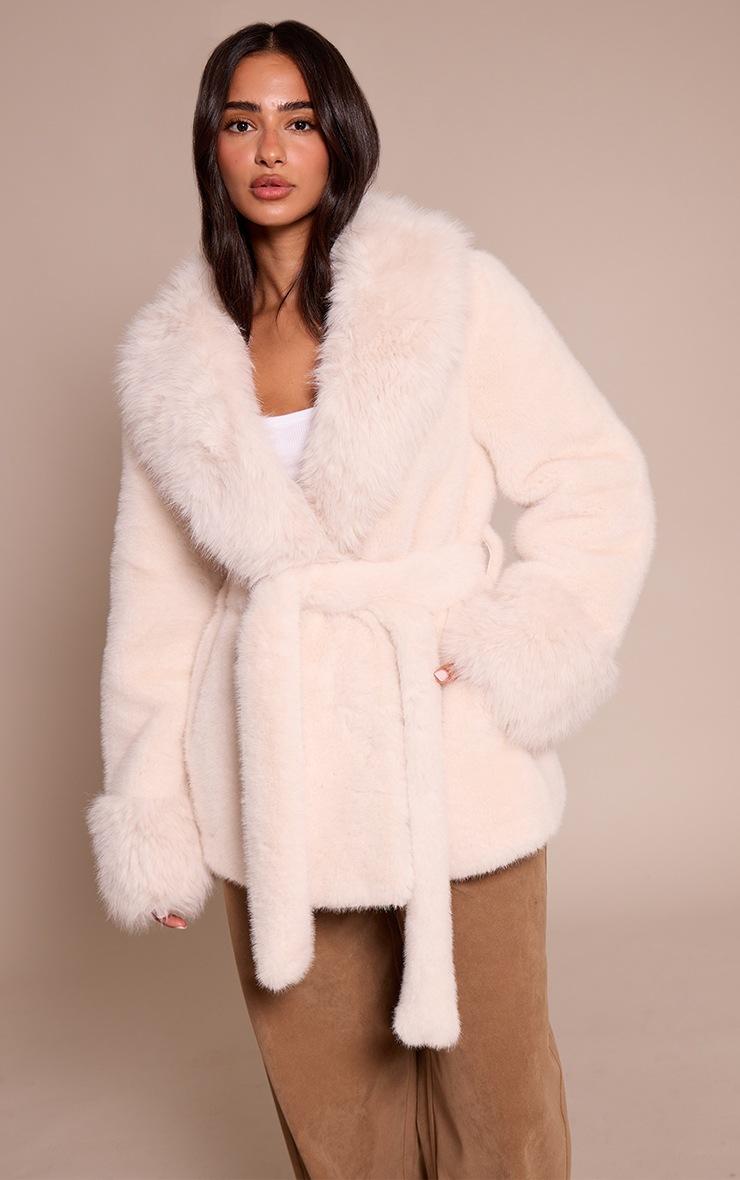 Pretty Little Thing Petite Cream Plush Faux Fur Self Tie Coat