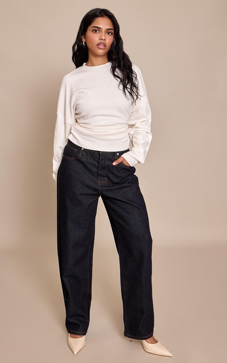 Pretty Little Thing Petite Cream Ruched Waist Long Sleeve Top