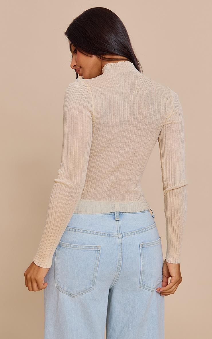 Pretty Little Thing Petite Cream Sheer Knit Long Sleeve High Neck Top