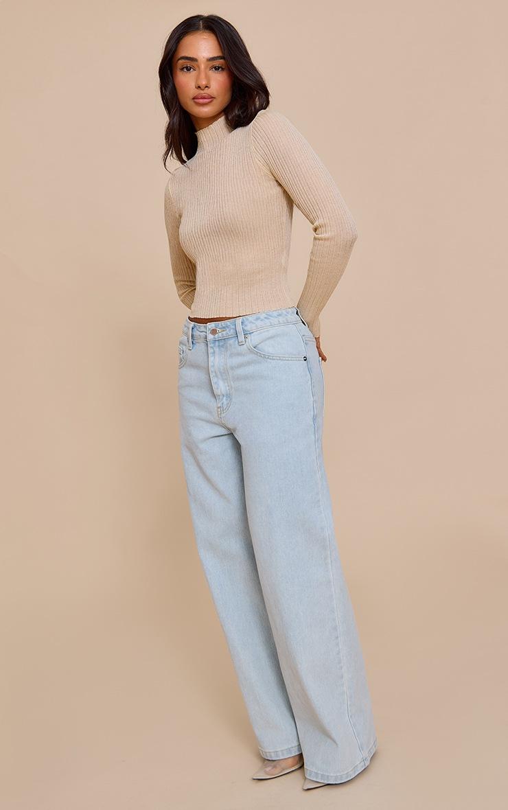 Pretty Little Thing Petite Cream Sheer Knit Long Sleeve High Neck Top