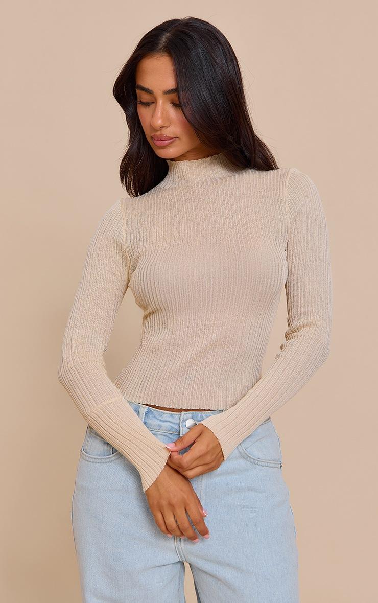 Pretty Little Thing Petite Cream Sheer Knit Long Sleeve High Neck Top