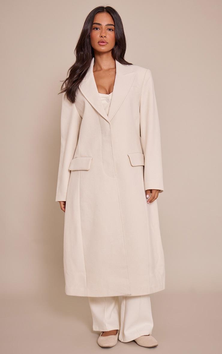 Pretty Little Thing Petite Cream Single Breasted Seam Detail Wool Look Maxi Coat