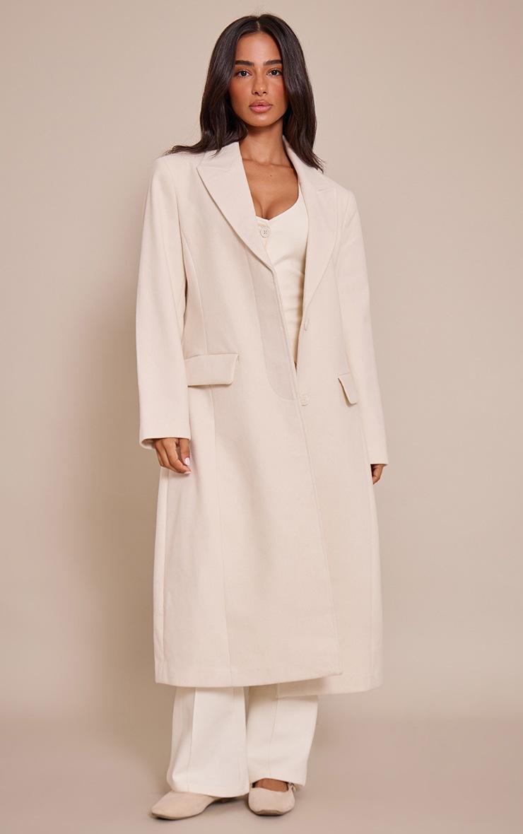 Pretty Little Thing Petite Cream Single Breasted Seam Detail Wool Look Maxi Coat