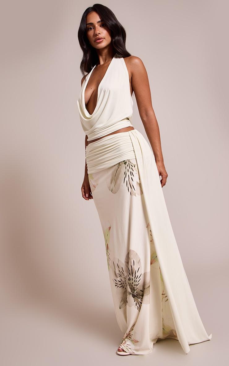 Pretty Little Thing Petite Cream Slinky Cowl Neck Crop Top