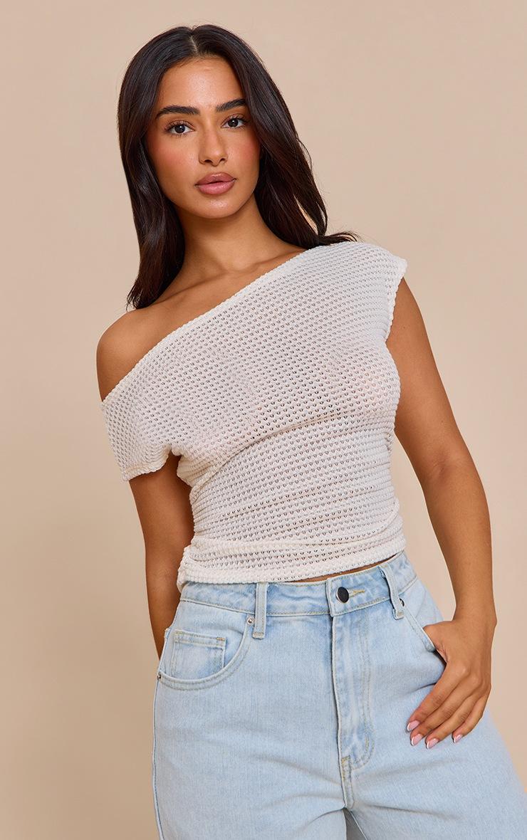 Pretty Little Thing Petite Cream Textured One Shoulder Top