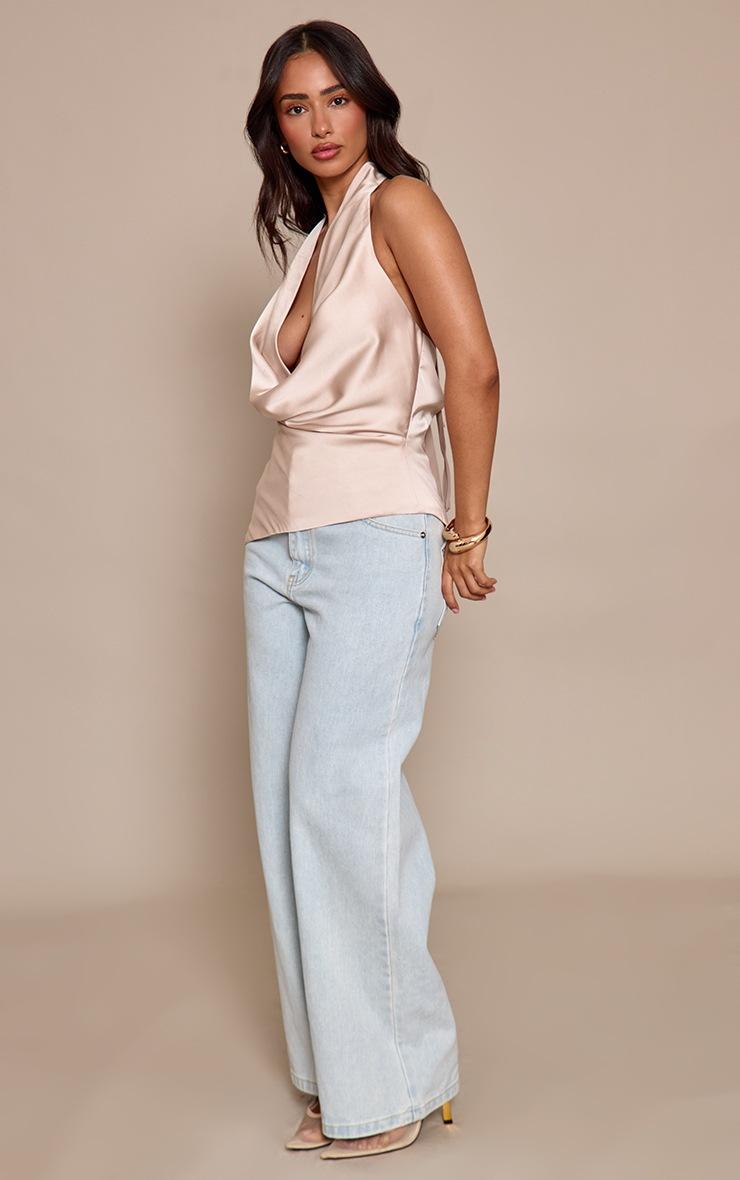 Pretty Little Thing Petite Cream Tie Detail Satin Cowl Ruched Top