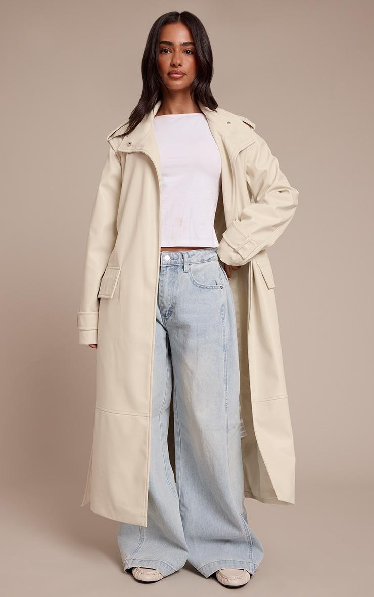 Pretty Little Thing Petite Cream Tie Waist Maxi Trench Coat