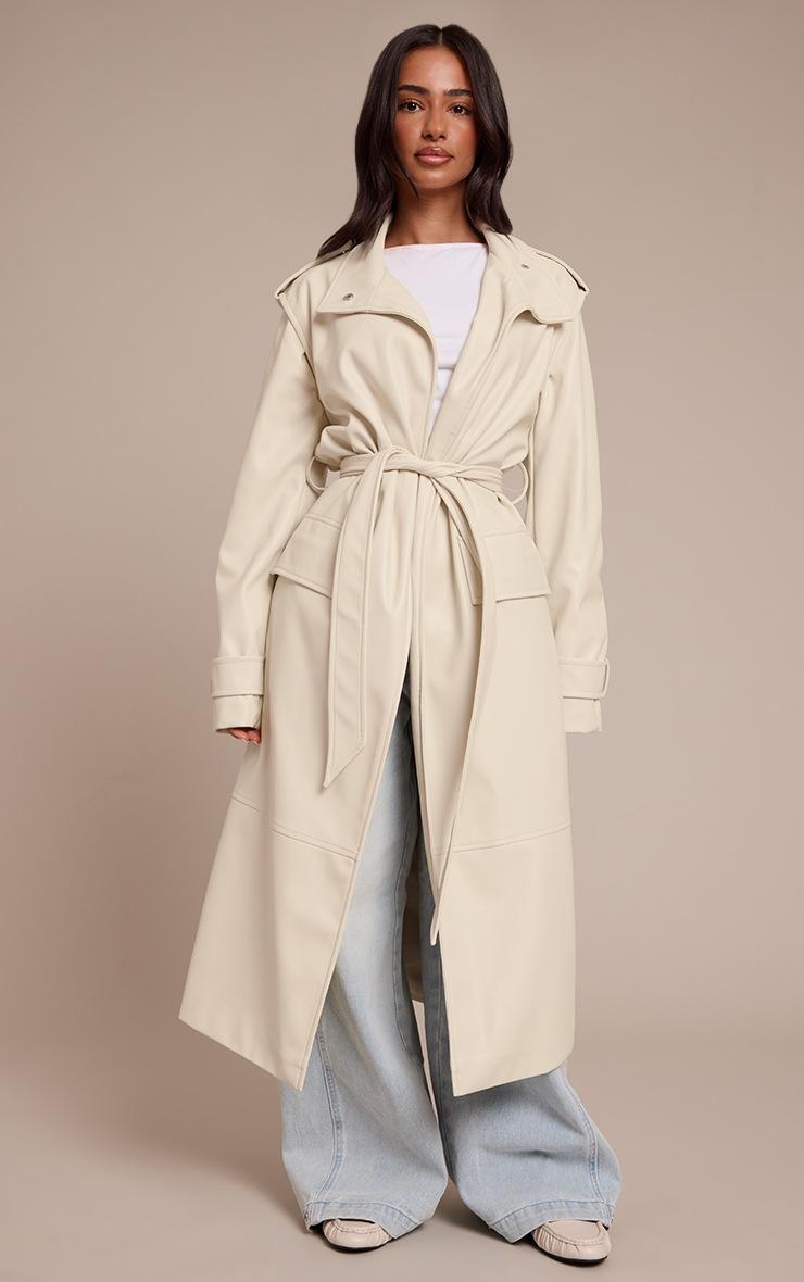 Pretty Little Thing Petite Cream Tie Waist Maxi Trench Coat