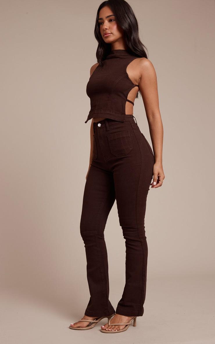 Pretty Little Thing Petite Dark Chocolate Denim Fitted Flared Jeans