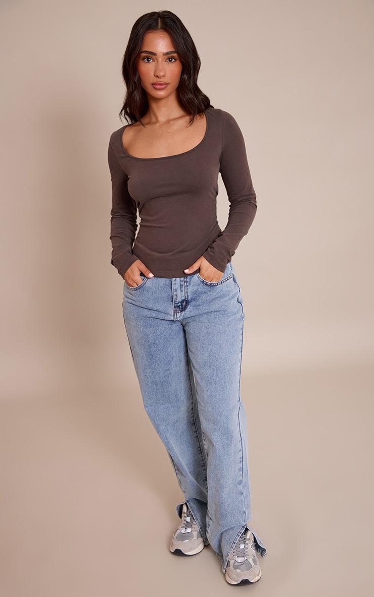 Pretty Little Thing Petite Dark Chocolate Soft Cotton Scoop Neck Long Sleeve Top