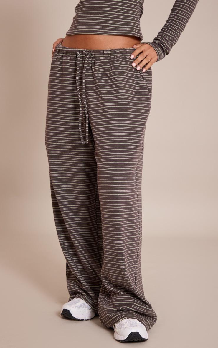 Pretty Little Thing Petite Dark Green Striped Soft Fleece Straight Leg Sweatpants