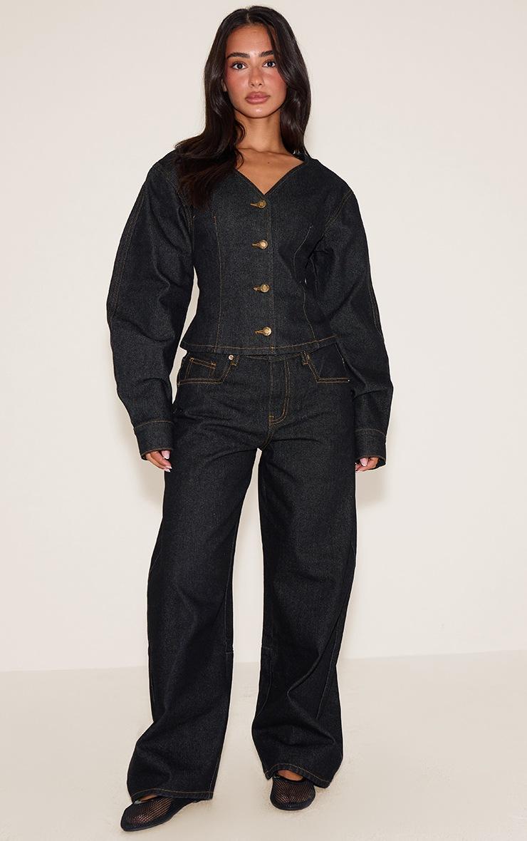 Pretty Little Thing Petite Dark Indigo Gold Button Up Cocoon Sleeve Denim Jacket