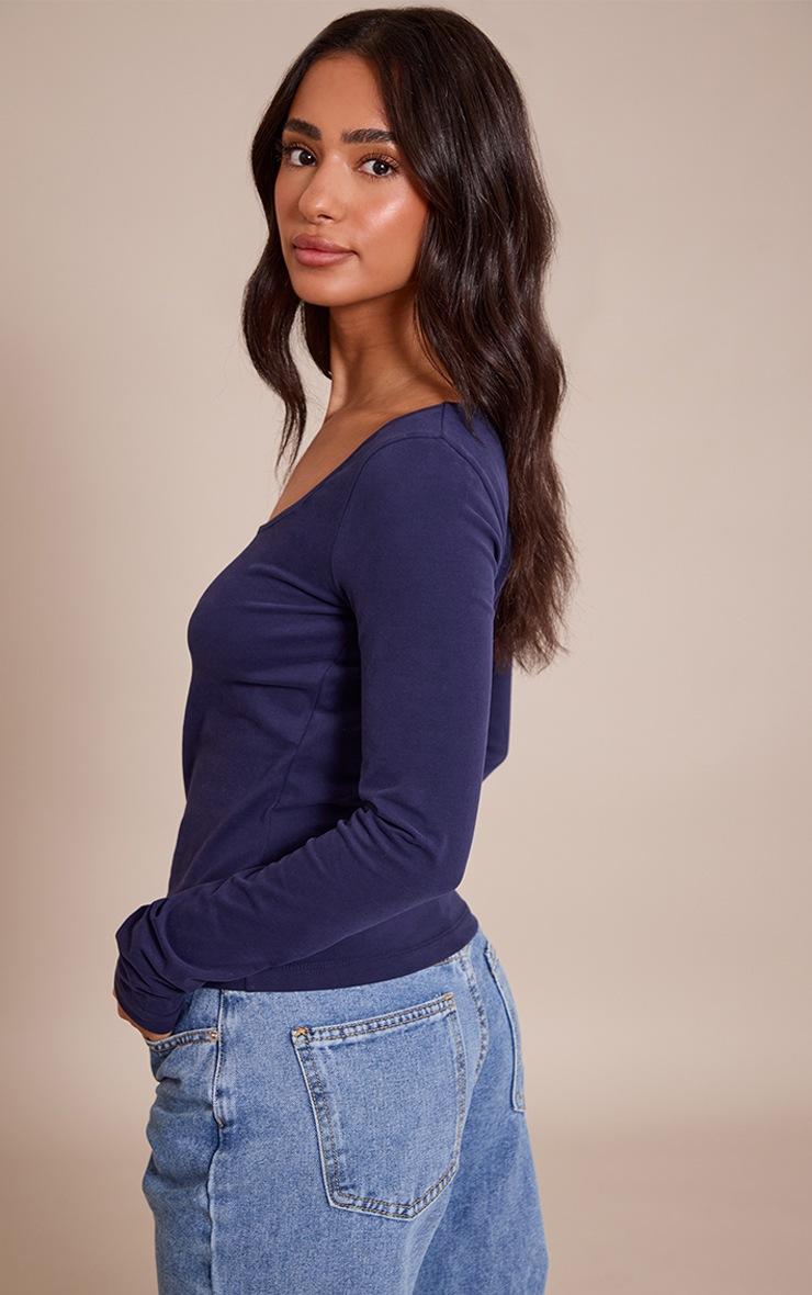 Pretty Little Thing Petite Dark Indigo Soft Cotton Scoop Neck Long Sleeve Top