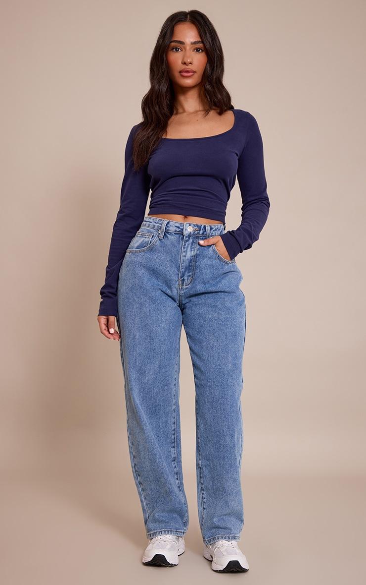 Pretty Little Thing Petite Dark Indigo Soft Cotton Scoop Neck Long Sleeve Top