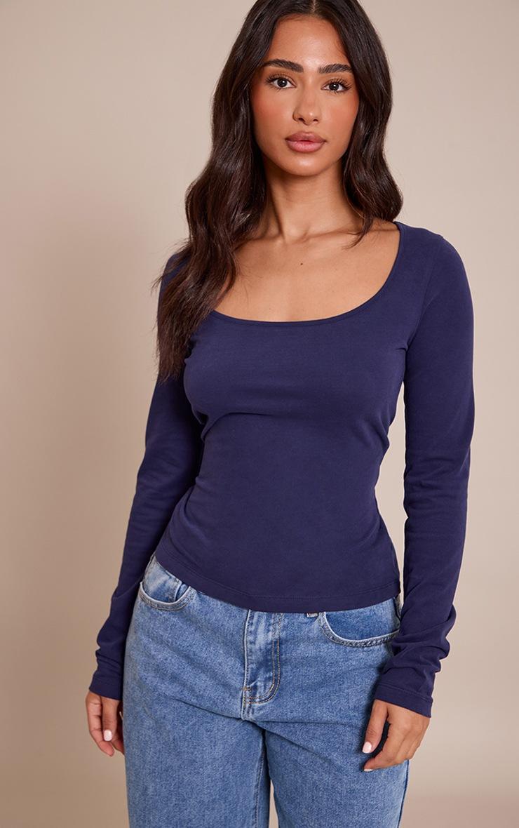 Pretty Little Thing Petite Dark Indigo Soft Cotton Scoop Neck Long Sleeve Top