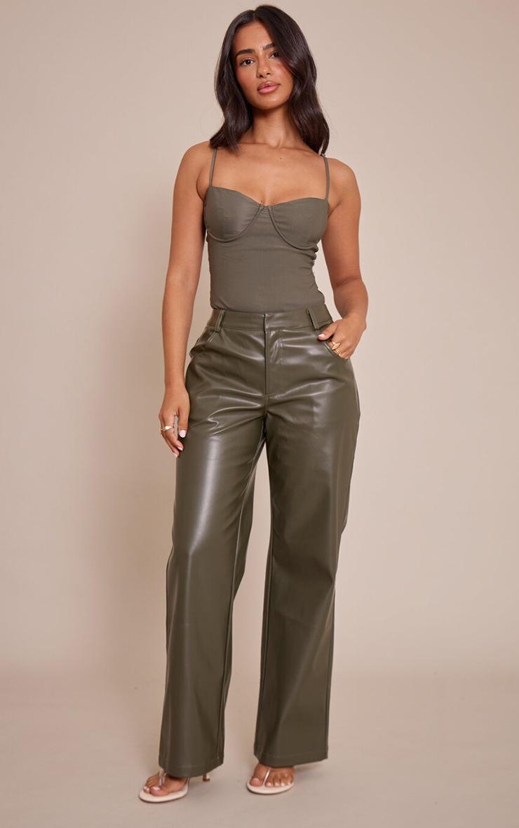 Pretty Little Thing Petite Dark Olive Faux Leather Straight Leg Pants