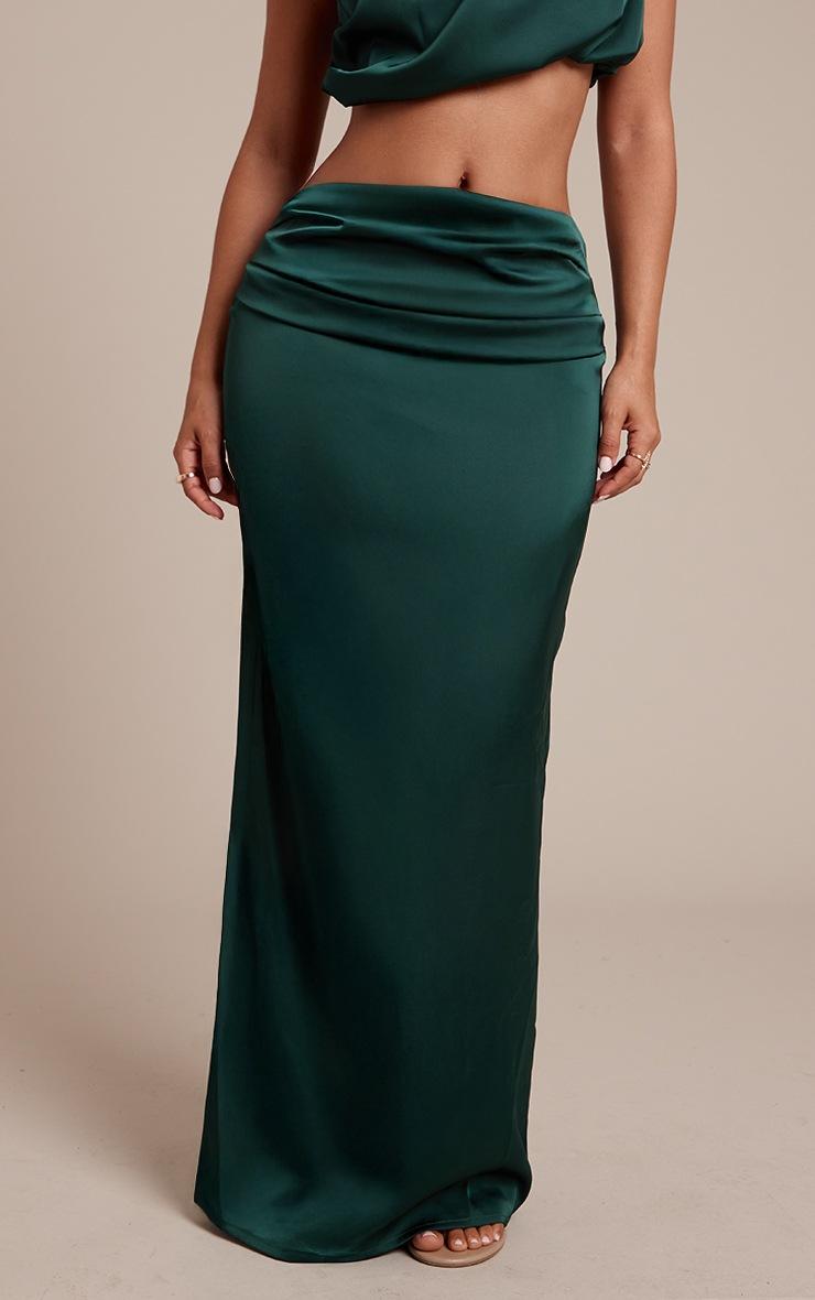 Pretty Little Thing Petite Dark Olive Satin Drape Maxi Skirt