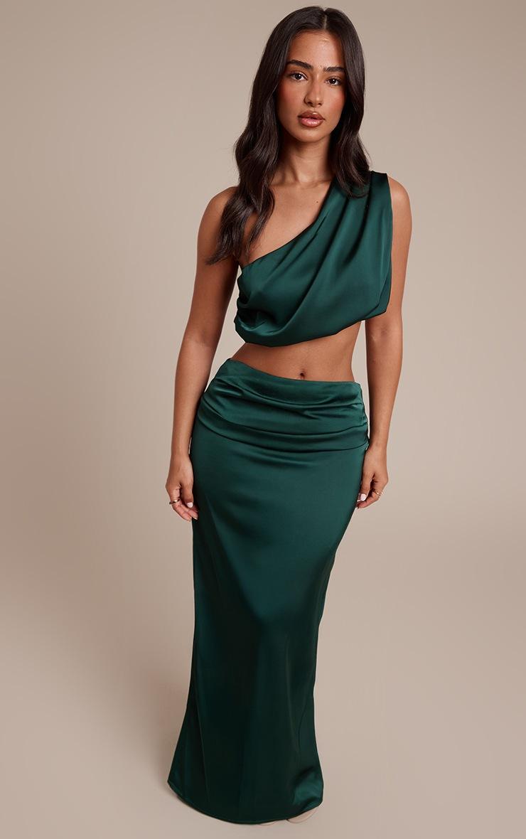 Pretty Little Thing Petite Dark Olive Satin Drape Maxi Skirt