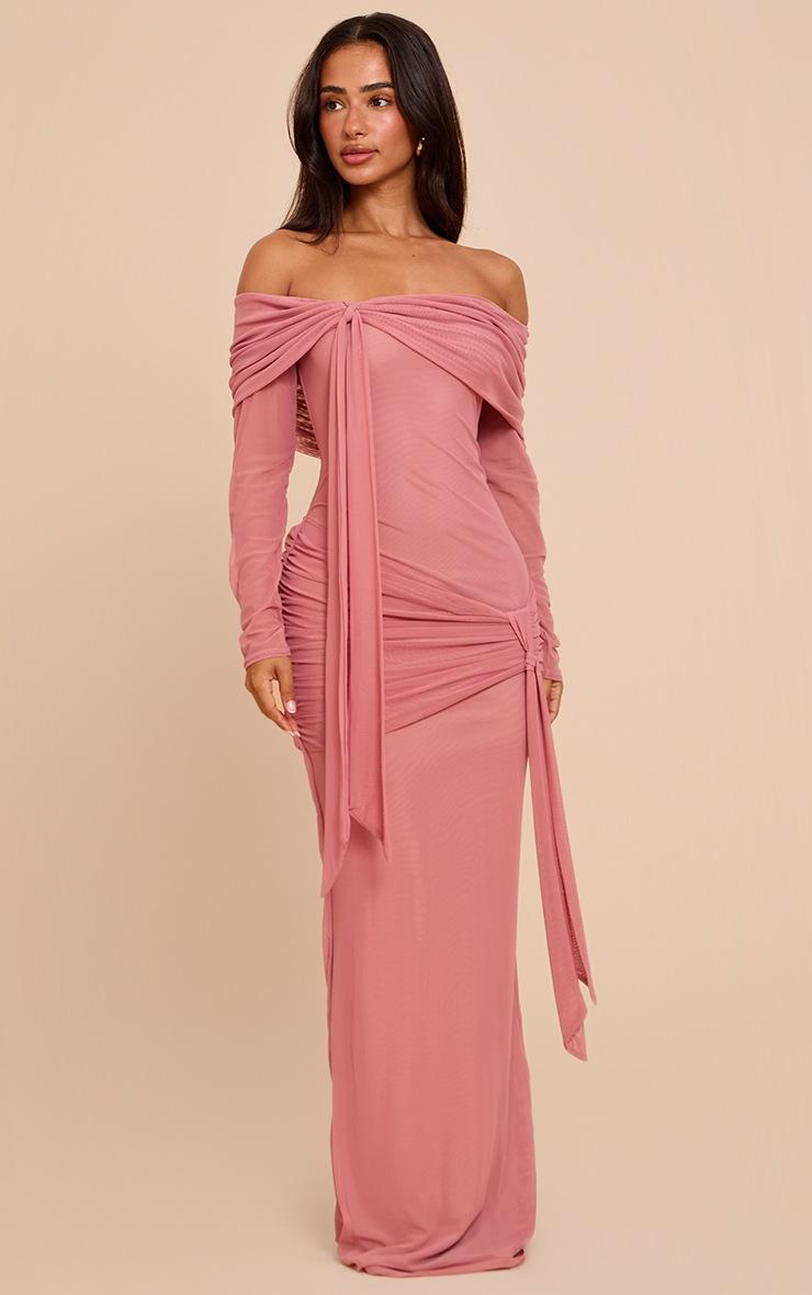 Pretty Little Thing Petite Deep Pink Asymmetric Long Sleeve Bardot Maxi Dress
