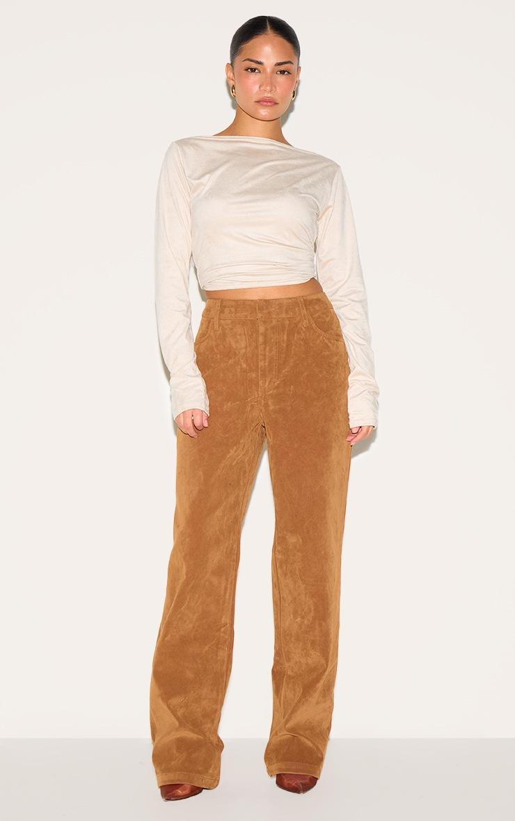 Pretty Little Thing Petite Deep Tan Faux Suede Mid Rise Straight Leg Pants