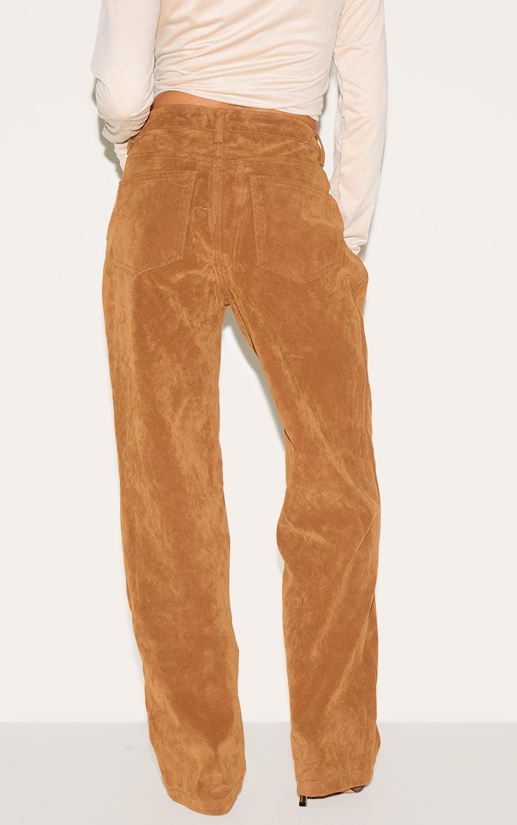 Pretty Little Thing Petite Deep Tan Faux Suede Mid Rise Straight Leg Pants