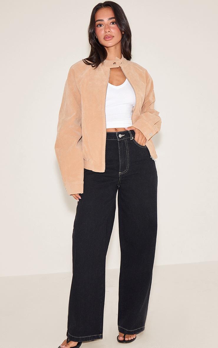 Pretty Little Thing Petite Deep Tan Faux Suede Racer Neck Jacket