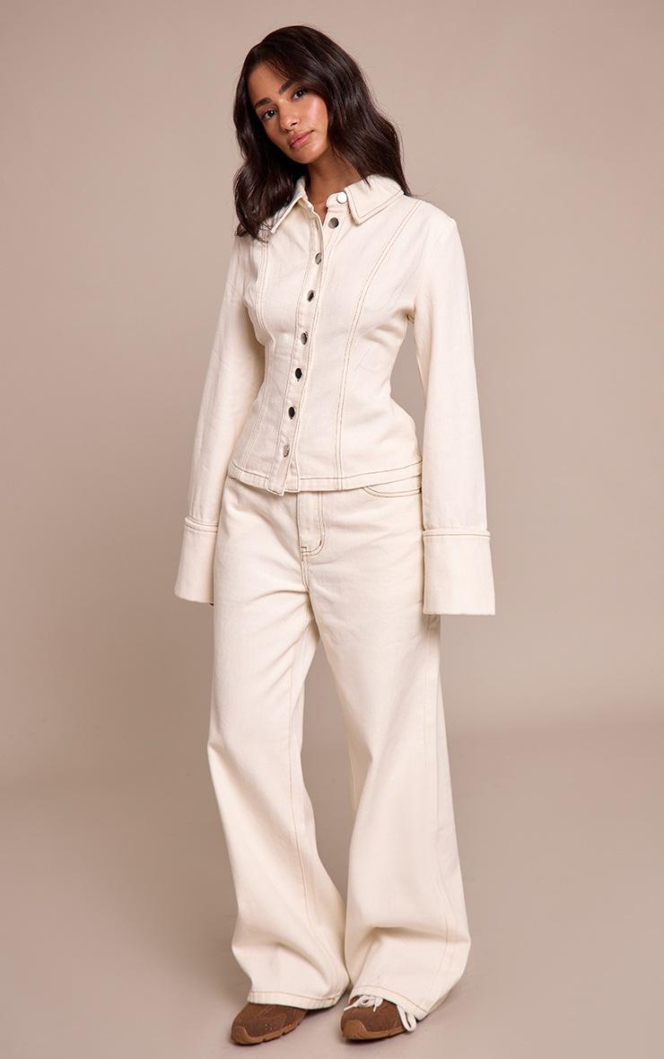 Pretty Little Thing Petite Ecru Contrast Stitch Long Sleeve Fitted Denim Shirt