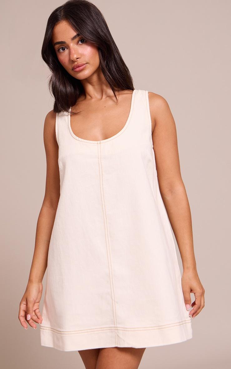 Pretty Little Thing Petite Ecru Denim Sleveless A-line Mini Dress
