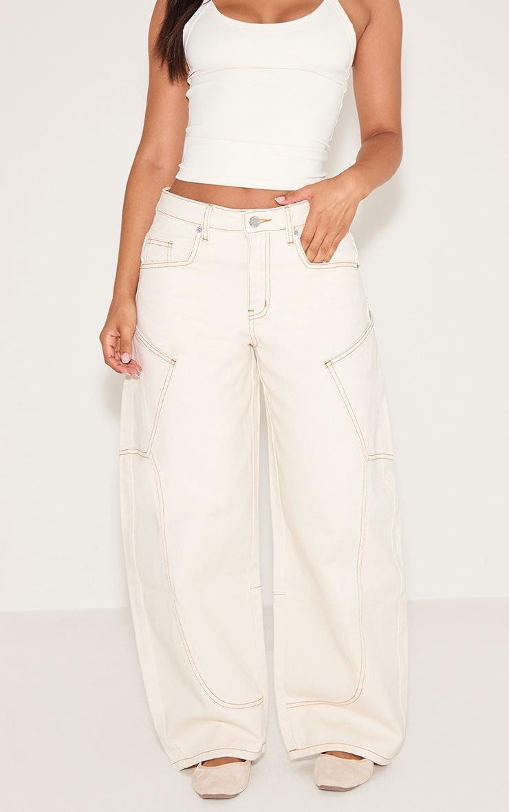 Pretty Little Thing Petite Ecru Side Pocket Detail Wide Leg Jeans