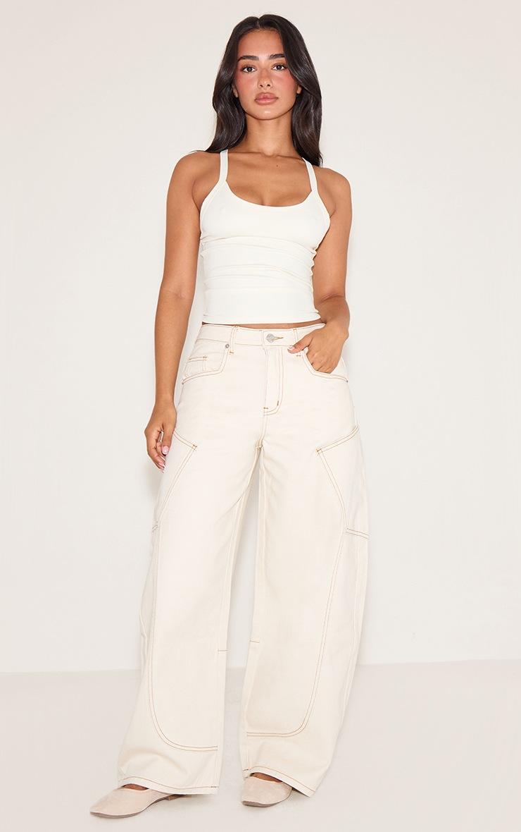 Pretty Little Thing Petite Ecru Side Pocket Detail Wide Leg Jeans