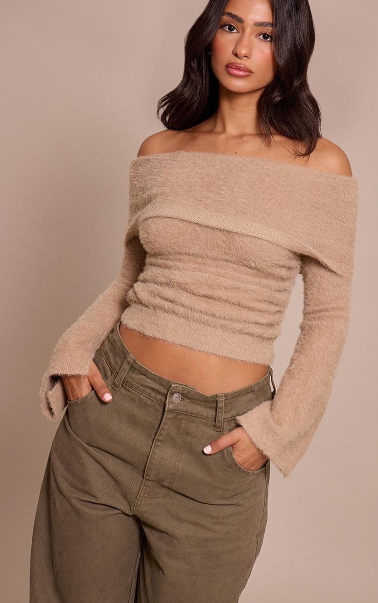 Pretty Little Thing Petite Fluffy Beige Bardot Knitted Sweater