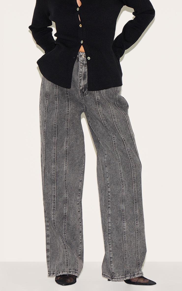 Pretty Little Thing Petite Grey Denim Seam Detail Jeans With Adjustable Straps
