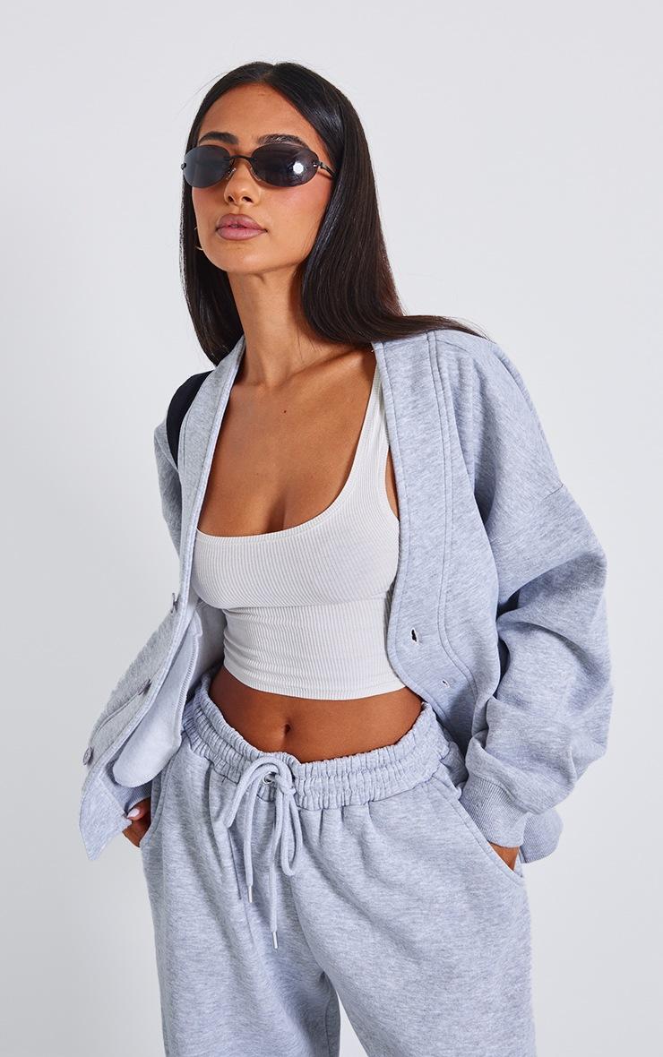 Pretty Little Thing Petite Grey Marl Button Up Side Pocket Sweatshirt